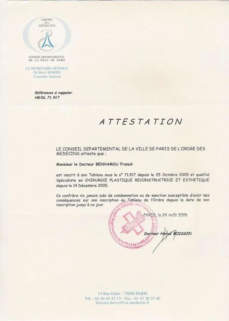 Attestation d'inscription à l'ordre des médecins